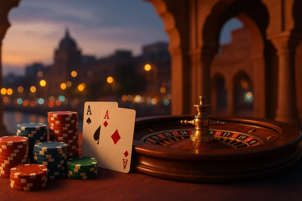 Casino scene with poker chips, two aces, and a wooden roulette wheel set against an evening Indian architectural background